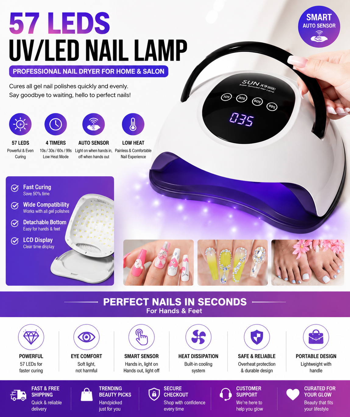 UV Nail Lamp, Dryer Light For Nails With 4 Timers LED Lamp Gel Polish