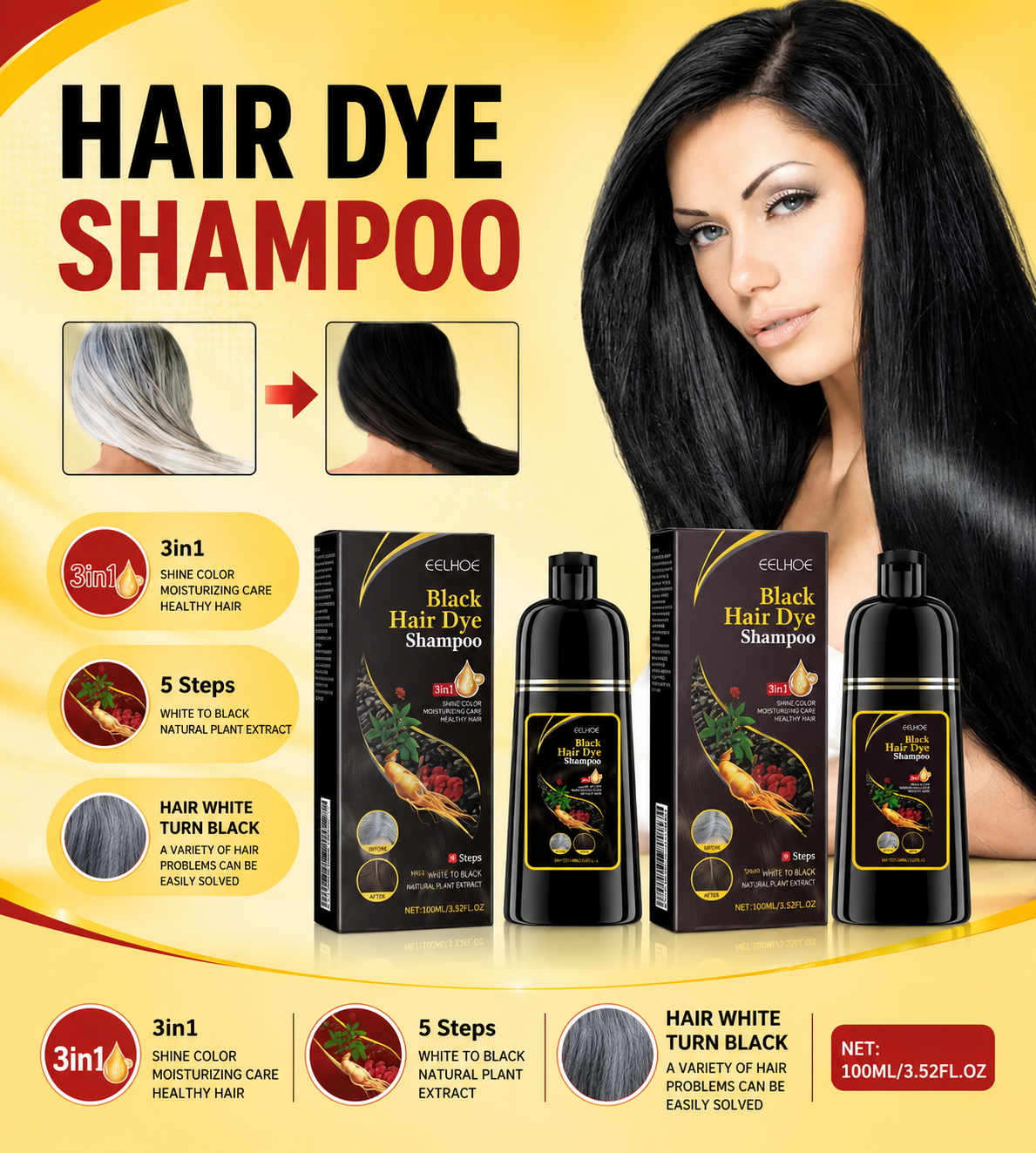 EELHOE Black Hair Shampoo Polygonum Multiflorum Essence Moisturizing