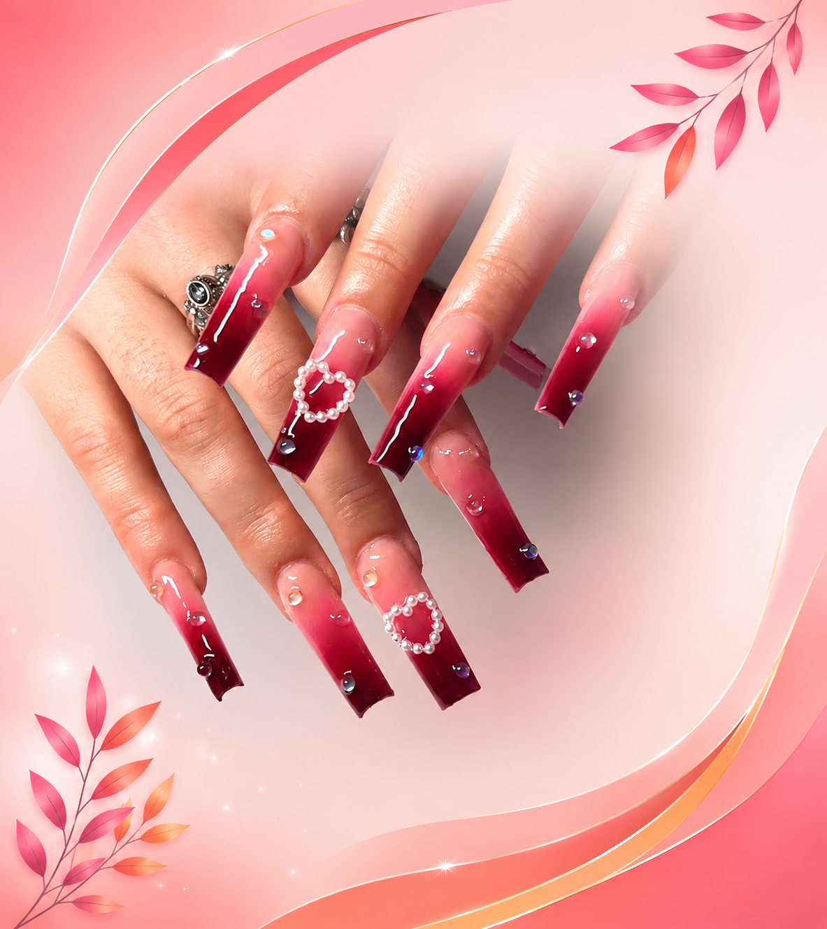 24 PCS Red Heart Nail Art, Long Length Long Water Pipe Fake Nails